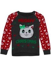Girls Gray Cat Meowy Christmas Sweater Holiday Knit Ugly Christmas Sweater