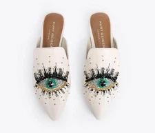 Kurt Geiger London Embellished Olive Eye Mules Beaded Embroidered Size 41 US 10
