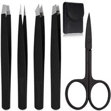 Professional Eyebrow Tweezers  Scissors Set 6 Pcs Black Premium Stainless Steel