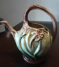 Antique Majolica Ceramic Jug Pitcher Floral Green Leaves Design Victorian Era