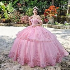 Pink Princess Quinceanera Dresses Vestidos Off Shoulder Applique Ball Gown HOT