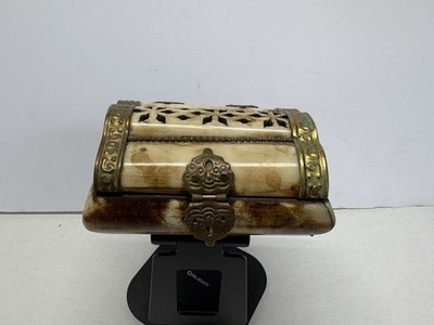 Vintage Ornate Brass Camel Bone Velvet Lined Trinket Jewelry Box Moroccan India