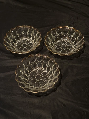 Lot 3 Jeanette Glass Thumbprint Small Dessert Bowl Glass Gold Trim