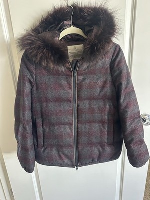 RARE Brunello Cucinelli Women Down Jacket Burgundy Plaid With Monili Size 38