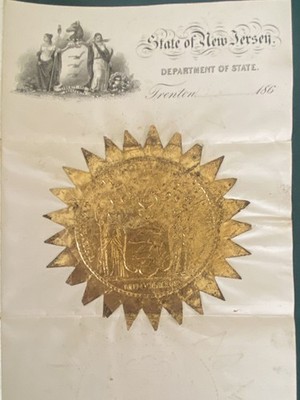 1860s State of New Jersey Letterhead Sunburst, Seal Coat of Arms Gold Hopkinson