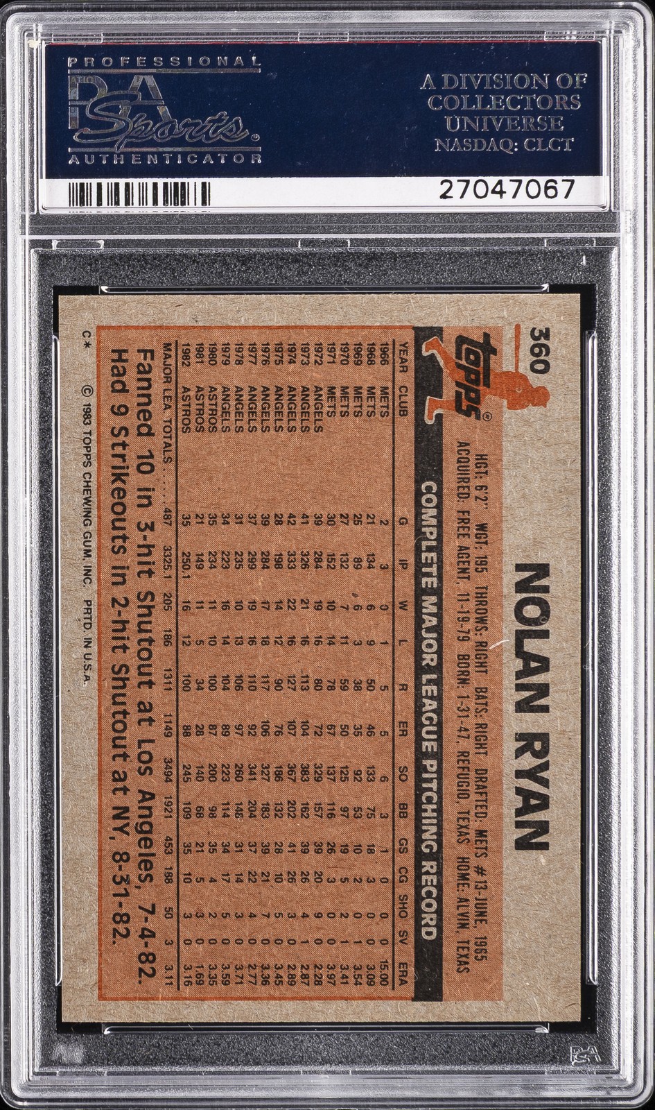 1983 TOPPS #360 NOLAN RYAN PSA 8 view 2
