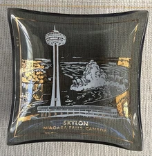 Vintage Skylon Niagara Falls Canada Ashtray Trinket Dish Smokey Glass MCM 2.5”
