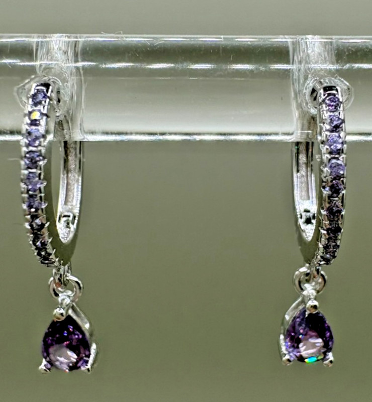 Purple Crystal Huggie Hoop Drop Earrings 925 Sterling Silver