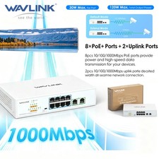 10 Ports Gigabit Network Switch w/8 PoE Ports Max.120W each port 30w Metal Case