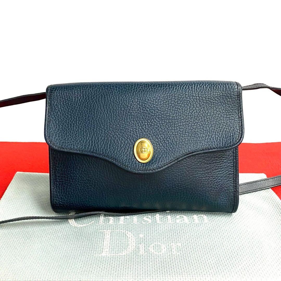 Christian Dior CD Logo Leather Shoulder Bag Navy Blue Vintage Authentic