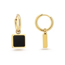 14K Gold Black Agate Square Dangle Hoop Earrings for Women, Plated Small Huggie