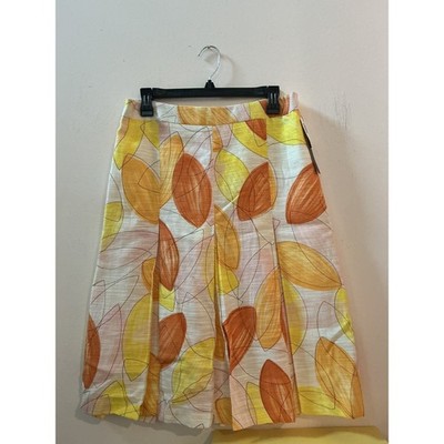 VTG DAVID MEISTER Women's Size 8 Midi Skirt Pleated Leaf Print Orange Yellow
