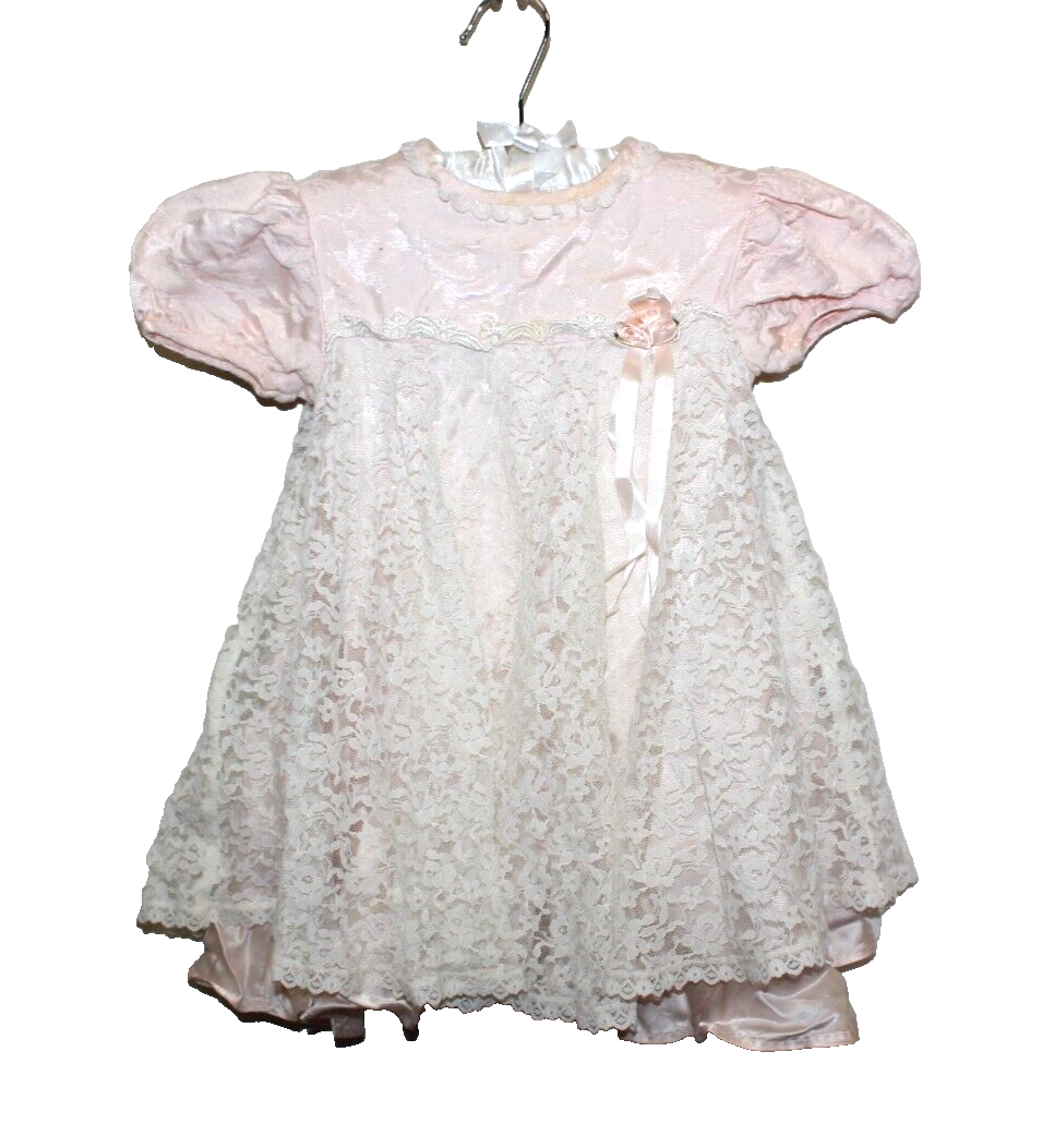 Vintage BONNIE JEAN Girls Ivory Dress 3T Pink White Lace Frilly Cute  Toddler CP