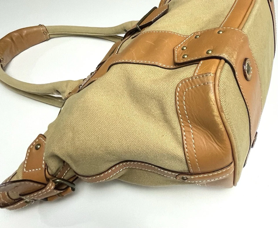 J экипажа желтовато-коричневый холст сумка с короткими ручками кожаная отделка двойной ремень наплечная сумка - Изображение 4 из 4