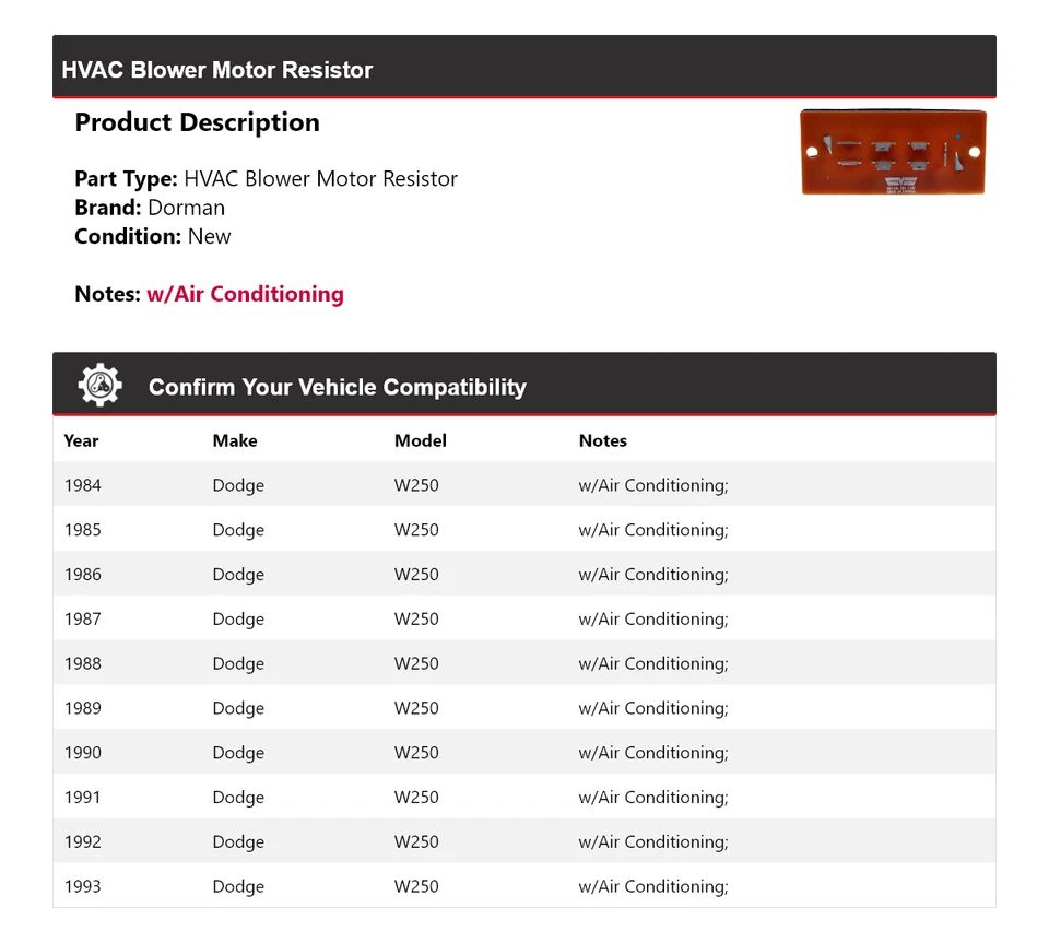 For 1984-1993 Dodge W250 Dorman HVAC Blower Motor Resistor 1985 1986 1987 1988 - Image 2 of 4