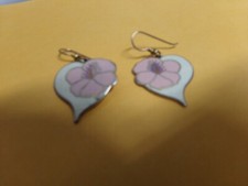 Vintage 90"s Laurel Burch Hoop Enameled Hibiscus Hearts Earrings, (STU)