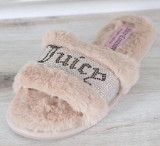 Juicy Couture JC GRAVITY 2 Rhinestone Logo Faux Fur Slides Slippers Beige M