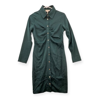 Melloday Dress Womens Small Button Up Ruched Green Long Sleeve Collared NEW  | eBay