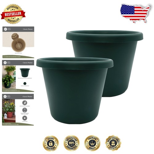 15.5-Inch Evergreen Round Planters - Lightweight UV Resistant Flower Pots 2 Pack