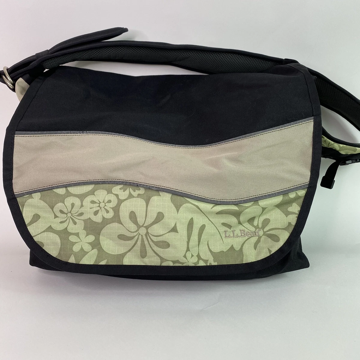 LL Bean Large Messenger Bag Lots of Pockets Green Tropical Print 16x12x6