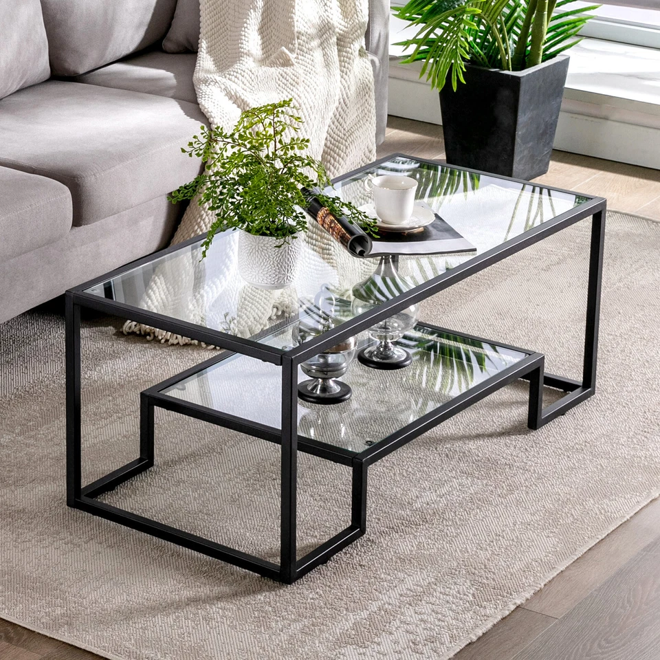 Modern Rectangle Glass Top Coffee Table Accent CocktailStorage Shelf Living Room - Image 3 of 4