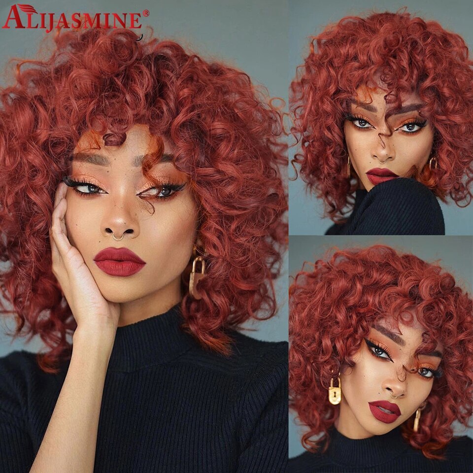 Ginger Brown Curly Human Hair Glueless Wig with Bangs Remy Full Machine Made