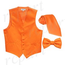 New Men's Solid Tuxedo Vest Waistcoat Necktie  Bowtie Set Party Prom Orange