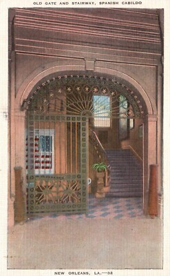 Postcard LA New Orleans Old Gate & Stairway Cabildo 1939 Linen Vintage PC K3383