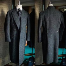 Vintage Men's Tweed Long Overcoat Wool Peak Lapel Suits Double Breasted Tailored