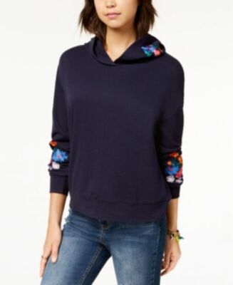 Crave Fame Junior Navy Floral Embroidered Hoodie, Size Med, ZR-X,bs