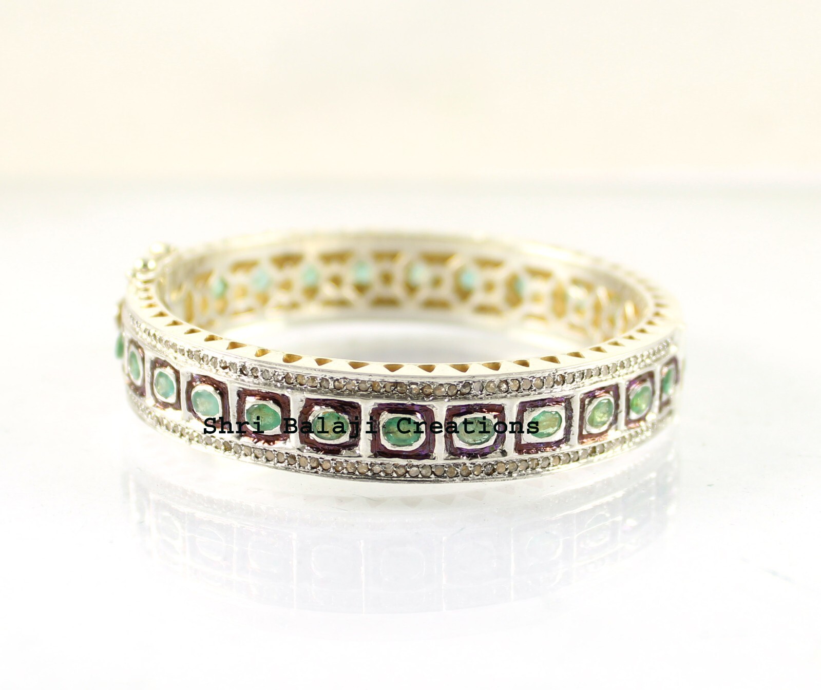 Bangle Natural Rosecut Diamond Emerald 925 Sterling Silver Gold Plated Bangle-image