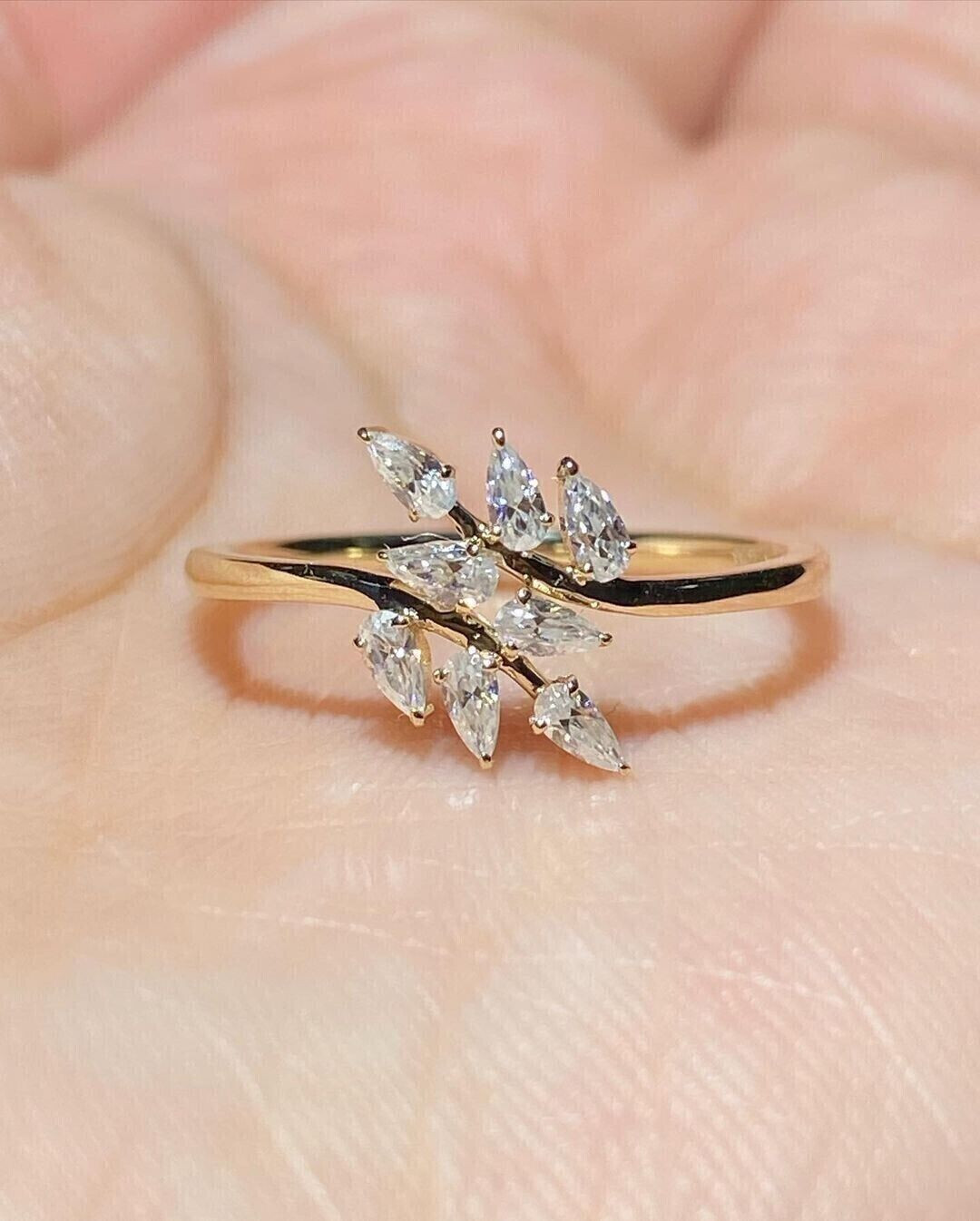 Bypass Leafy Crystal Wedding Ring 1.8Ct Simulated Diamond 14K Yellow Gold Plated