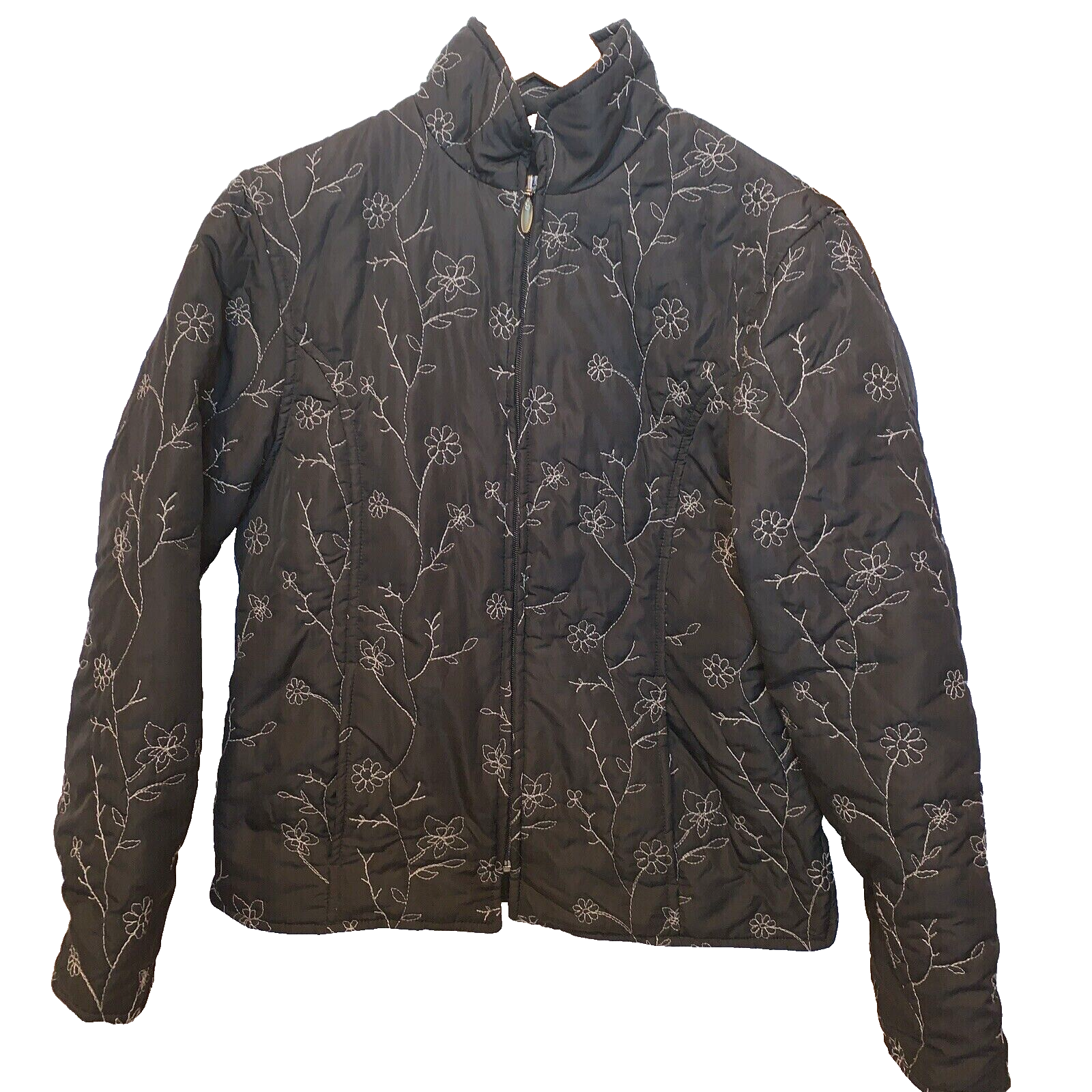 Quilted Puffer Nina Capri Embroidered Zip Jacket Coat Small Gray Ivory with Pockets