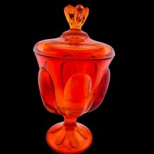 Viking Glass Six Petals Candy Dish Jar w Lid Persimmon Orange 10  T Mint Cond VTG