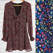 Nasty Gal Size 0 Long Sleeve Bow V-Neck Floral Dress Black Blue Red Boho Mini