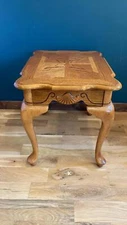 Vintage Solid Oak Side Table with Carved Shells and Etched Cutouts