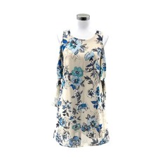 Just Taylor Dress Women 4 Beige Blue Floral Cold Shoulder Shift Career Party