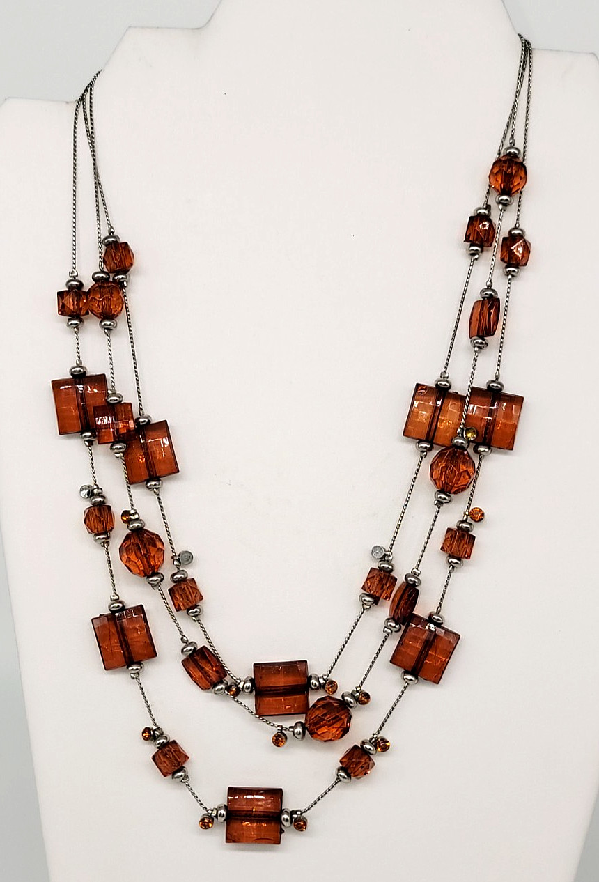 Amber Brown Acrylic Beaded Statement Necklace Lay… - image 1