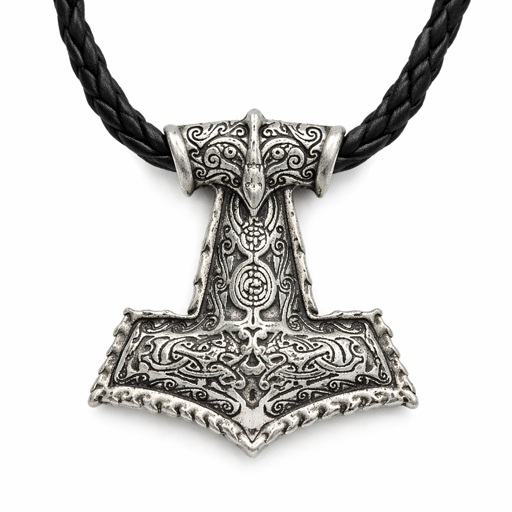 Thors Hammer Pendant Necklace Odin's Ravens Huggin Muninn Faux Leather Cord
