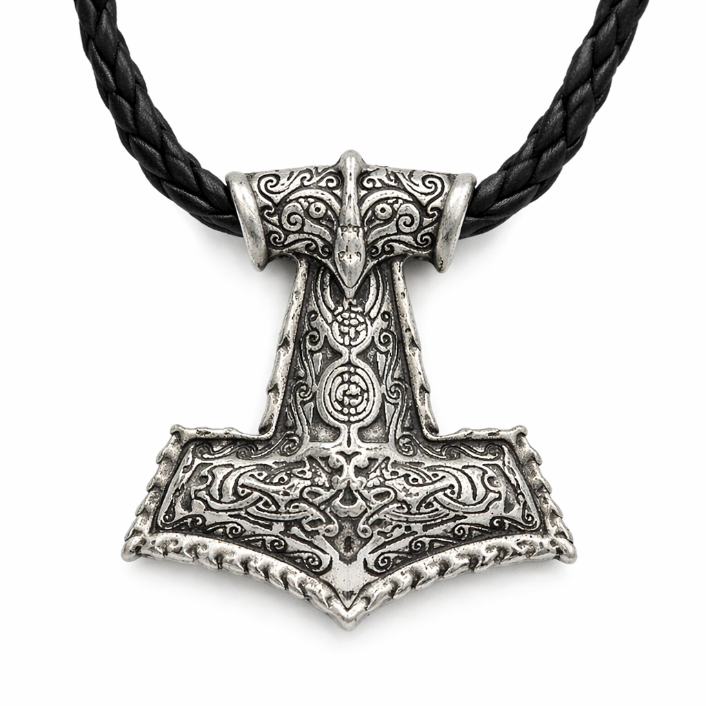 Thors Hammer Pendant Necklace Odin's Ravens Huggin Muninn Faux Leather Cord