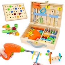 Kids Tool Set with Electric Drill, 55 Pcs Toddler Tool Set Incl Tool Box, Wooden