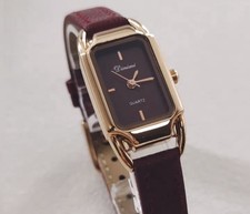 Vintage Style Ladies Gold Tank Watch Burgundy Strap Rectangular Dress Watch