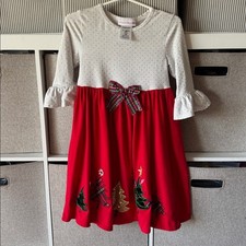 Bonnie Jean Mixed Media Christmas Tree Plaid Bow Polka Dotted Dress Girls Sz 6X