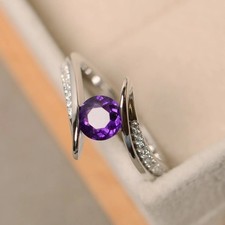2CT Amethyst Round Gemstone 925 Silver Plated Art Deco Ring US Duty Free