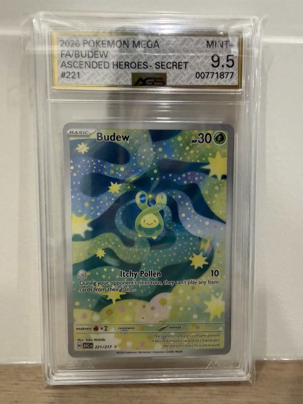 Budew Secret Holo 221/217 Ascended Heroes AGS 9.5 Pokémon TCG Card EN 2026