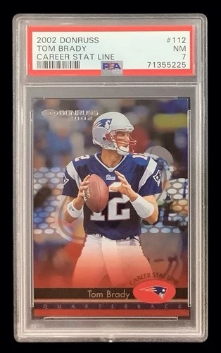 2002 panini donruss #112 tom brady; career stat line 82/265 holo insert PSA 7
