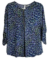 NY Collection Top Sz PXL  Zip Front Leopard Print Career Ruched Sleeve Cuff