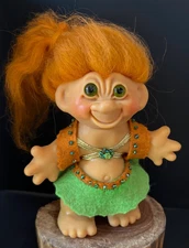 Vintage 1960s 5" THOMAS DAM Articulated Troll, Orange Mohair, Green Glass Eyes