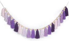Purple Yarn Wood Bead Tassel Garland Wall Hanging Decor Boho Lavender Banner Tas