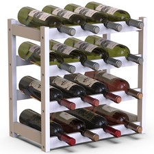 Cantinetta Portavino in Legno Bambù Bianco con 16 Scomparti Bar Portabottiglie